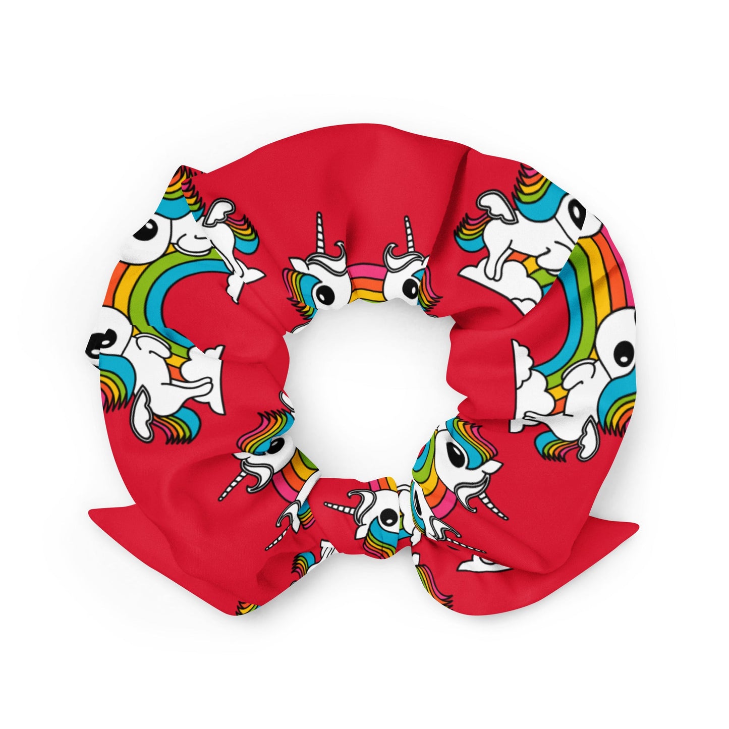 Scrunchie - UNIQUE red - Unicorns and rainbows print